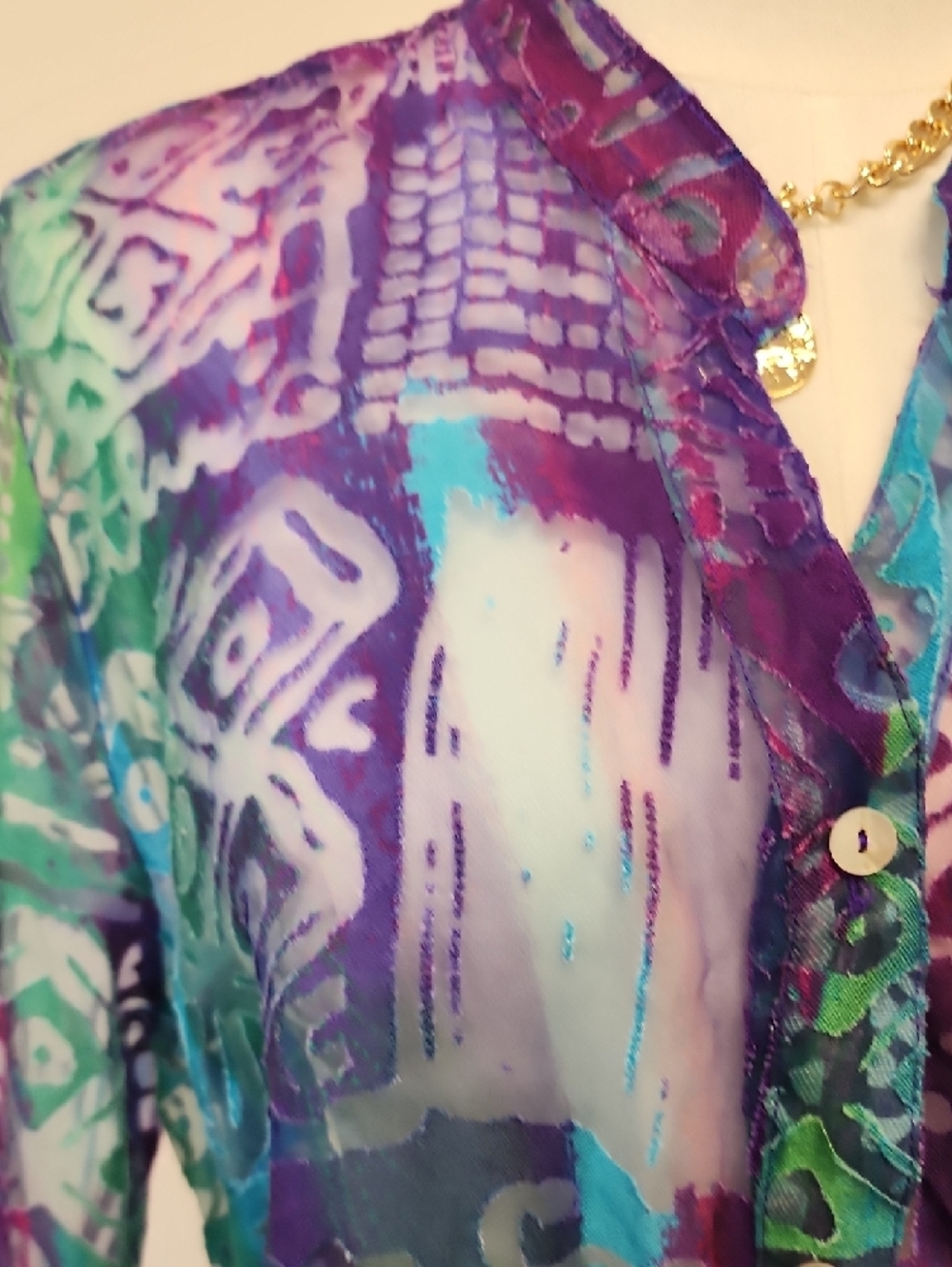 Notations Sheer Abstract Print Button Front Blouse Teal Purple Size Large - Picture 6 of 6